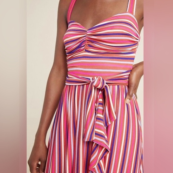 NEW Maeve Anthropologie Striped Ruffle Maxi Dress Pink Red Size Small NWOT - Picture 2 of 9